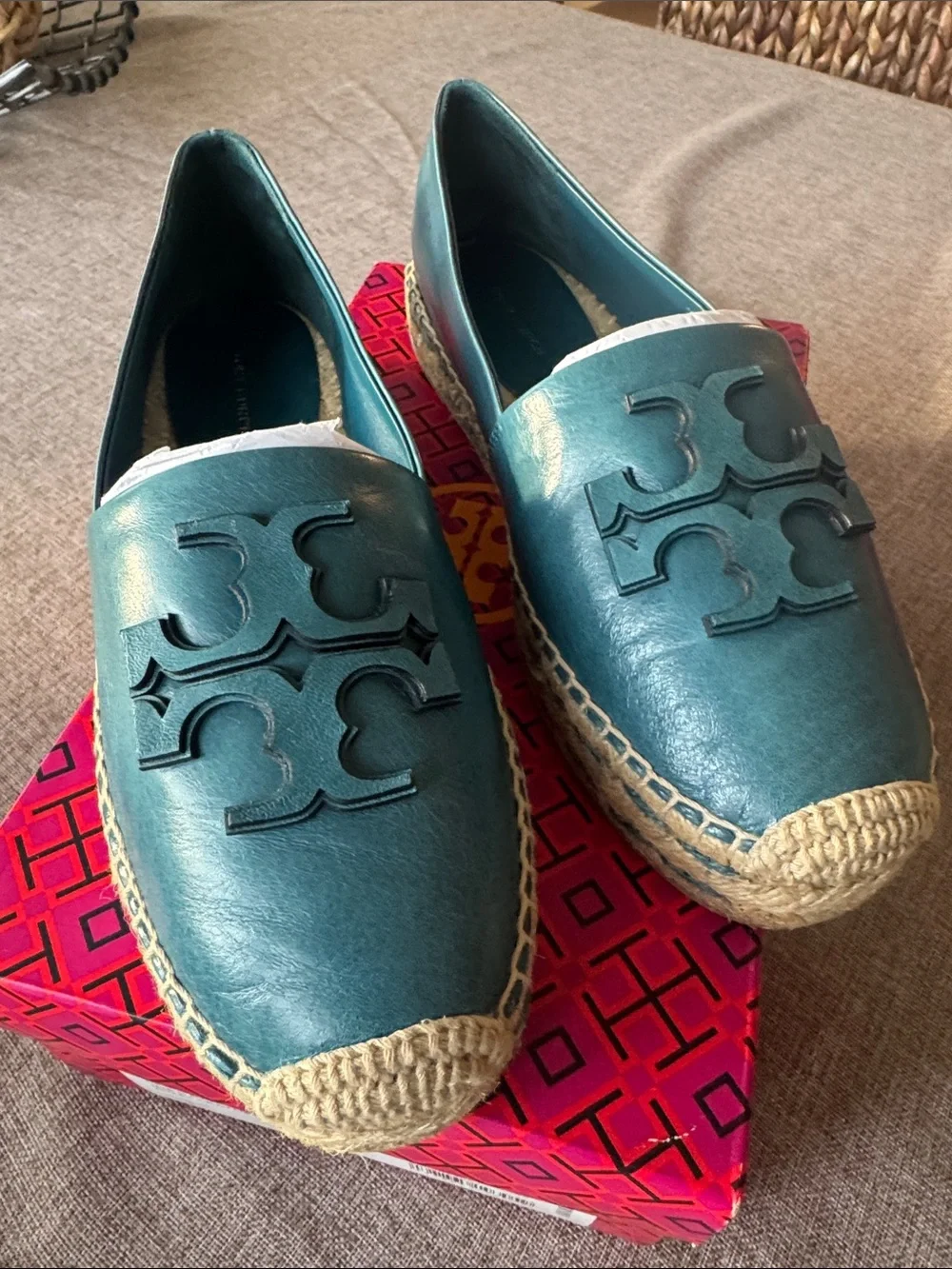 NWB Tory Burch Brisk Blue Ines Platform Leather Espadrille Goat Leather Sz 8